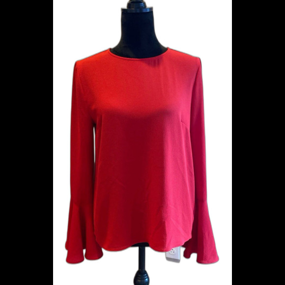 Wayf Blouse Size Medium Top Red Long Bell Sleeves Keyhole Tie Back Dressy Classy - Picture 1 of 12